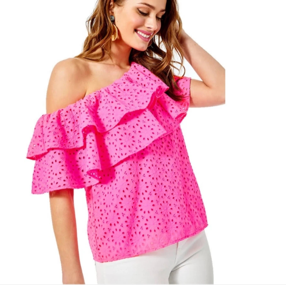 NWT Lilly Pulitzer Trixie One-Shoulder Ruffle TopRaz Berry Sun Burst Eyelet